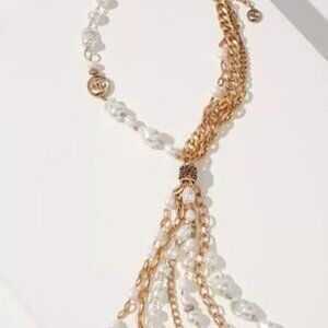 NWT CHICOS long gold tone and freshwater pearl signature Tassel women's Necklace